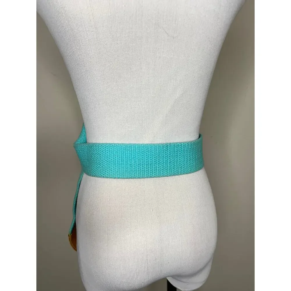 Vintage 70s Aqua Twill Wide Belt Light Tan Leather Hang Ten